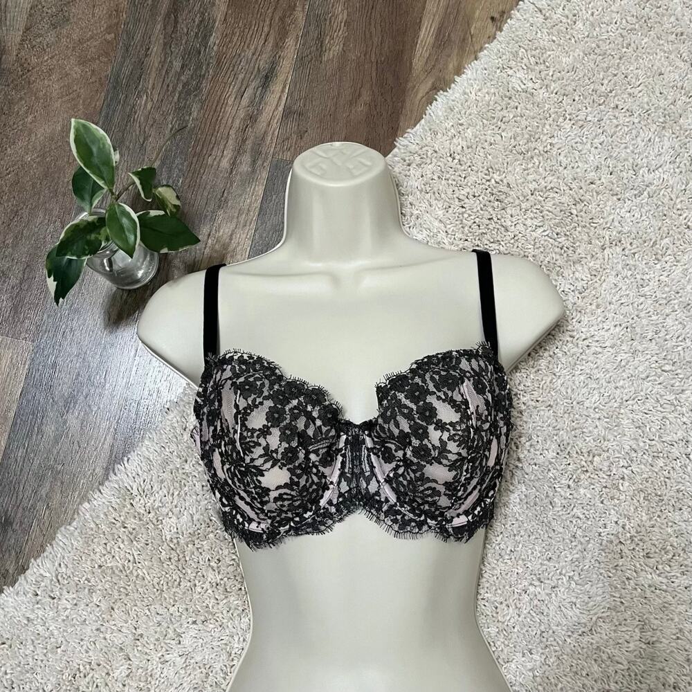 Victoria's Secret Size 32DD Gray Pink Floral Lace Underwire Unlined Demi Bra
